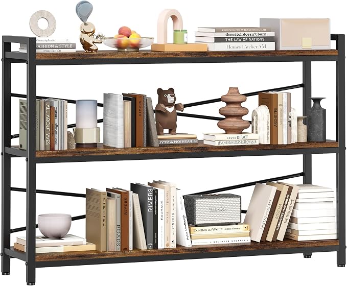 3 Tier Bookcase 47.24" Width, Long Industrial Book Shelf, Vintage Wooden Large Book Shelf for Home Living Room Bedroom Office Storage(Vintage)