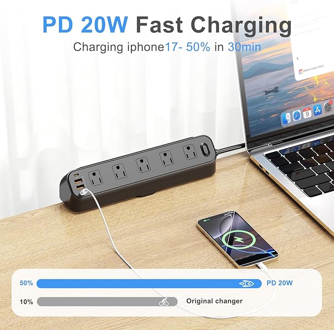 BEVA Desk Clamp Power Strip 6FT, Desk Edge Mount Extension Cord with 10 Outlets, 20W Fast Charging Station, PD 20W USB C Ports, Fit 1.96" Tabletop Edge, Etl List