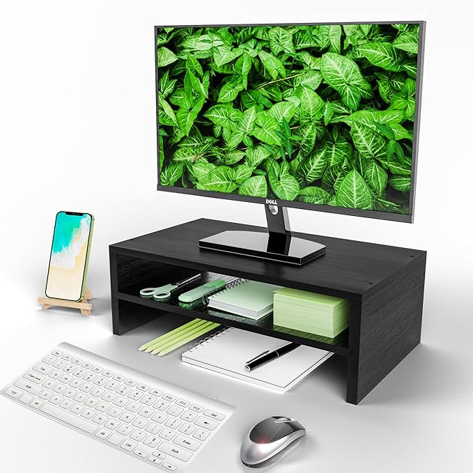 Simpple Trending Monitor Stand Riser, 2 Tier Wood Office Desk Storage Organizer for Laptop, Computer, Black