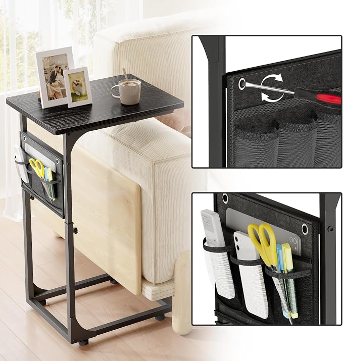 Fixwal C Shaped End Table Adjustable Height Side Table for Couch, TV Tray with Storage Bag Slide Under Sofa Small Tables for Living Room, Bedroom & Office, Black