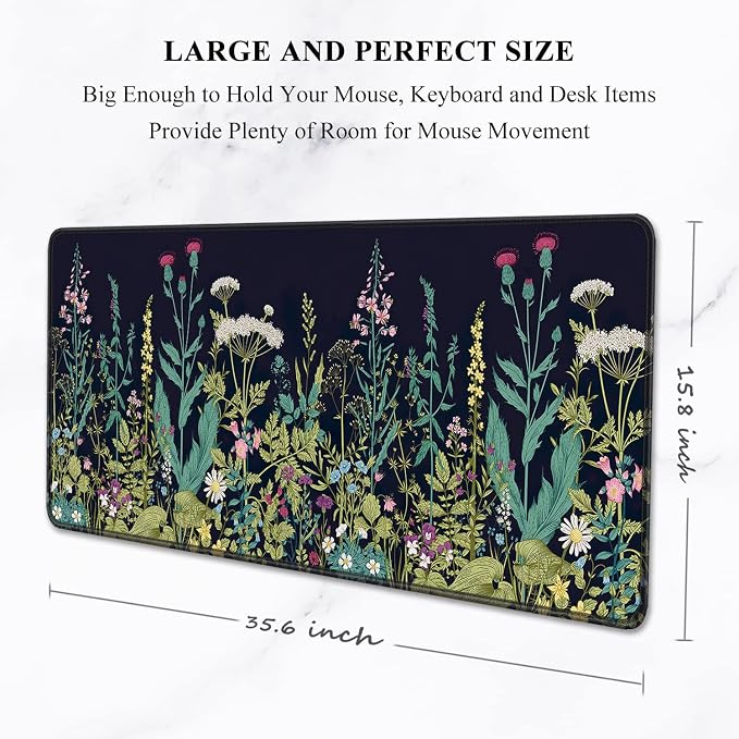 Auhoahsil Desk Pad, XXL Large Mouse Pad, Extended Gaming Mousepad, Cute Desk Mat for Women, Big Office Accessories Mouse Pad for Computer Keyboard and Laptop, 35.6" x 15.7", Black Wildflower Night