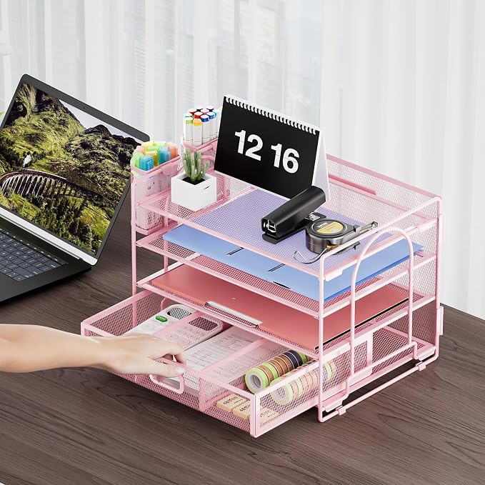 Marbrasse Desk Organizer and Accessories4-Tier Paper File Letter Tray Accessories & Workspace Desk Organizers with Drawer and 2 Pen Holders for School Home Office Supplies(Pink)