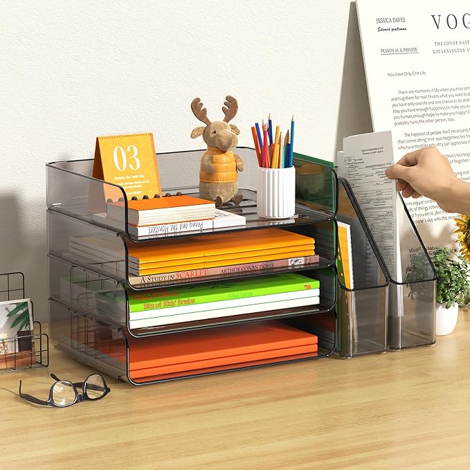 FANXIYQ 4-Tier Brown Acrylic Paper Tray Organizer with Bookends, Large Clear Stackable Letter Tray Organizer for Desk, Acrylic File Organizer & Office Paper Storage, 12.6" Wide Desktop Organizer