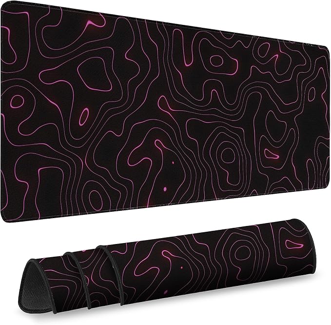 Gaming Desk Mat with Silky Smooth Surface & Exquisite Patterns,31.5x11.8 Inches Large-Sized Mouse Pad, Perfect for Extended Gaming,Work,and Home Office Decor (Red Topographic Lines)