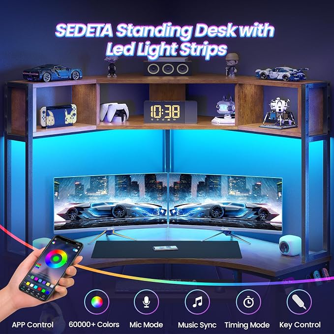 SEDETA Corner Desk, 39" W x 62" H Small Office Desk with Hutch & LED Lights, Triangle Gaming Computer Desk with Keyboard Tray, Storage Bag, and Headphone Hook for Small Space, Rustic Brown