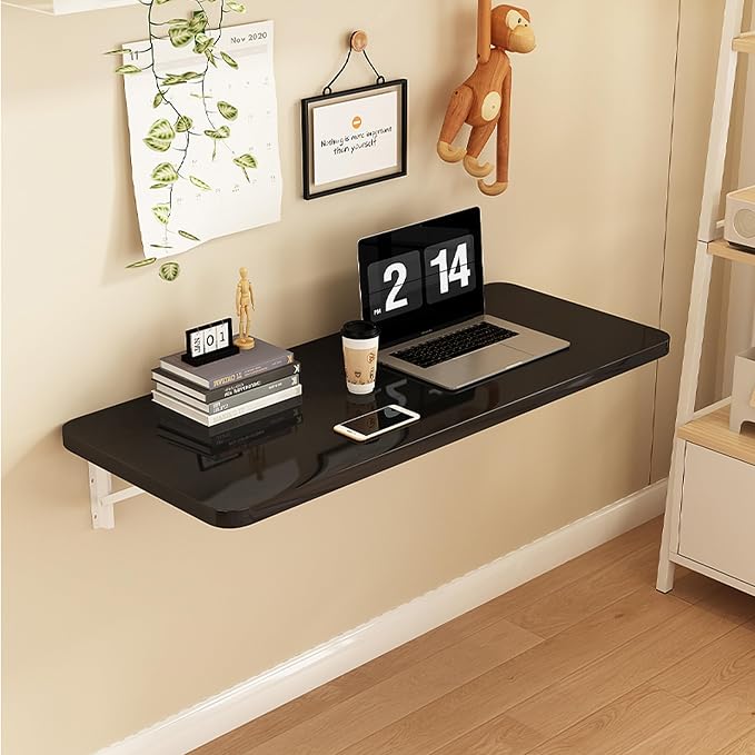 Wall Mounted Folding Table,floating desk for wall,folding wall desks for small spaces,hanging desk for Home Office Computer Workstation,Study Work Bench, Kitchen Dining (black, 23.6"×15.7"(60×40cm))