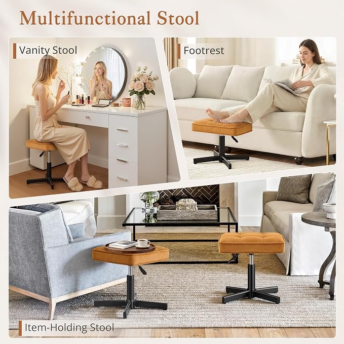 LUE BONA Adjustable Vanity Stool, 15''-19.5'' Foot Rest Under Desk, 360° Swivel Vanity Chair for Makeup Room, Ginger Yellow Upholstered Faux Leather Ottoman for Bathroom & Living Room, 300lbs