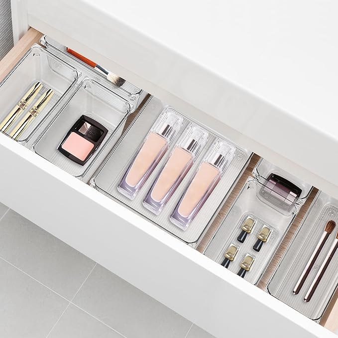 6 Pack Drawer Organizer - 3" X 9" Clear Acrylic Storage Bins with Non-Slip Pads, Versatile Desk Tray for Makeup, Jewelry, Kitchen, Bathroom, and Office Organization