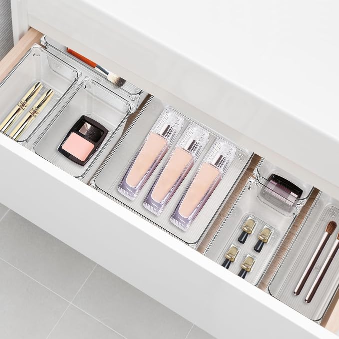 8 Pack Drawer Organizer - 3" X 9" Clear Acrylic Storage Bins with Non-Slip Pads, Versatile Desk Tray for Makeup, Jewelry, Kitchen, Bathroom, and Office Organization