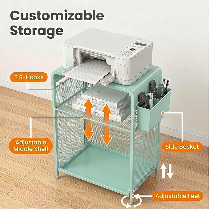 ECOLOVI 3 Tier Printer Stand for Under Desk, Height Adjustable Shelf Small Printer Table with 3 S-Hooks & Basket, Heavy Duty Industrial Storage Shelf for Home Office (Green Metal)
