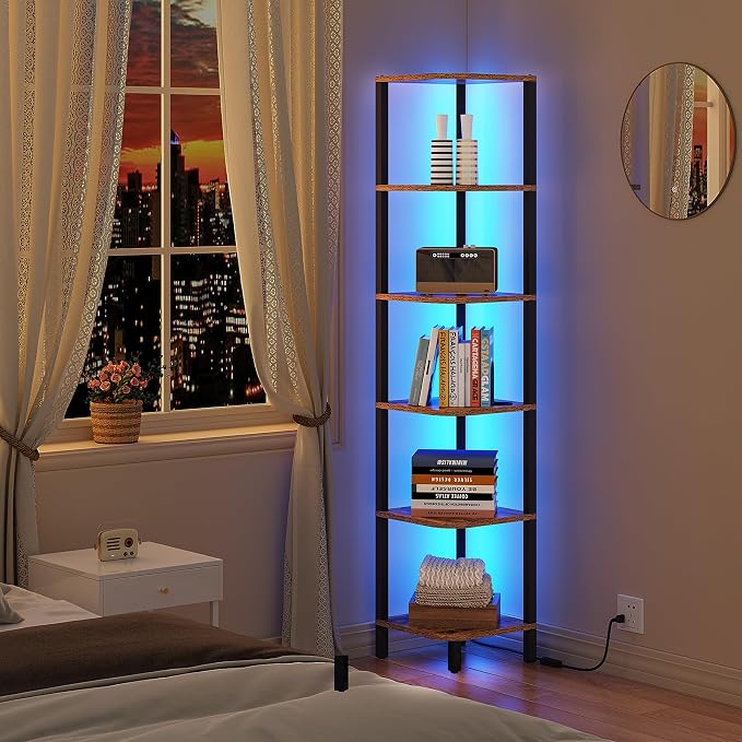 TUTOTAK Corner Shelf with LED Light, 6-Tier Corner Bookshelf for Small Space, Narrow Display Corner Shelf Stand with Storage Rack, for Living Room, Bedroom, Rustic Brown BS08BB006L