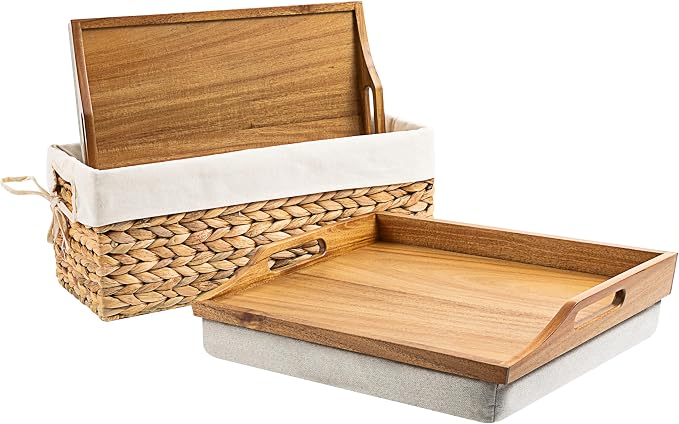 ROSSIE HOME Acacia Wood Bed Tray, Lap Desk - Set of Two - with Hyacinth Storage Basket - Natural - Fits up to 15.6 Inch Laptops - Style No. 70106