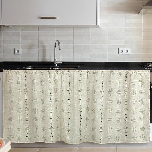 VitalCozy Cabinet Curtain 28" W x 51" L Sink Skirt for Bathroom Kitchen Green Flowers Striped Short Curtain for Home Classroom Farmhouse Rustic Drape Under Desk Privacy Drape for Laundry Room