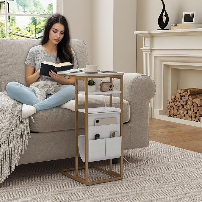 C Shaped End Table with Charging Station, 28"(H) 3-Tier C Table with Storage Bag, Under Couch Table C-Shaped End Table with Storage Shelves and Bag for Living Room, Bedroom, or Office