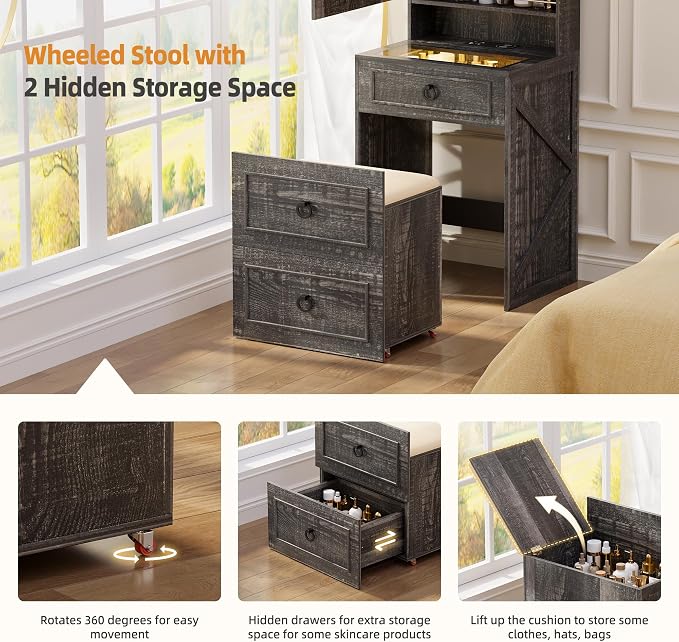 Gurexl 3 in 1 Small Vanity Desk with Lights and Mirror,Tall Lighted Compact Vanity with Charging Station,Makeup Vanity Set with Jewelry Armoire,Glass Top,Wheeled Stool,3 Drawers, Rustic Oak