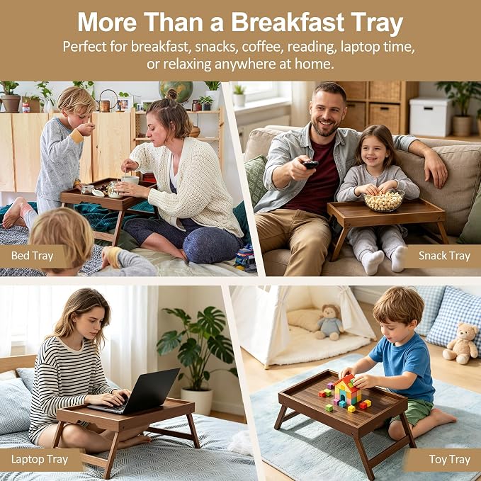 Breakfast Tray with Folding Legs Set of 2, Bamboo Bed Tray Table 15.7" Foldable TV Dinner Tray with Ergonomic Wave Handles for Bed Couch Sofa, Breakfast, Snacks, Coffee, Walnut