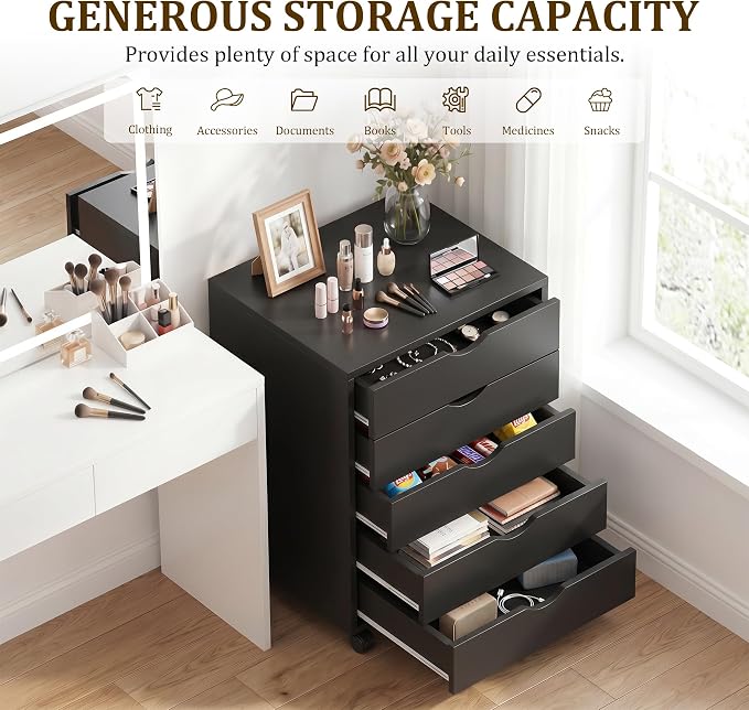 5 Drawer Mobile File Cabinet Under Desk Storage Organization with Wheels Vertical Filing Chest Rolling Wood Small Desk Printer Stand for Home Office, Black