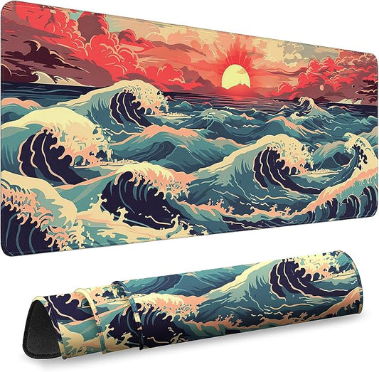 Gaming Desk Mat with Silky Smooth Surface & Exquisite Patterns,31.5x11.8 Inches Large-Sized Mouse Pad, Perfect for Extended Gaming,Work,and Home Office Decor (Japanese Waves 1)