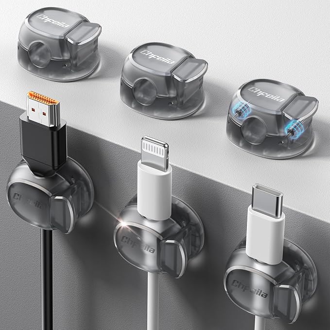 Chfeila 6 Pack Cable Clips, Dorm Room Essentials - Dual Spring Cord Organizer for Cubicle Decor, Cute Desk Organizers and Accessories, Teen Dorm Room Decor, Cubicle Accessories, Nightstand,Clear Black