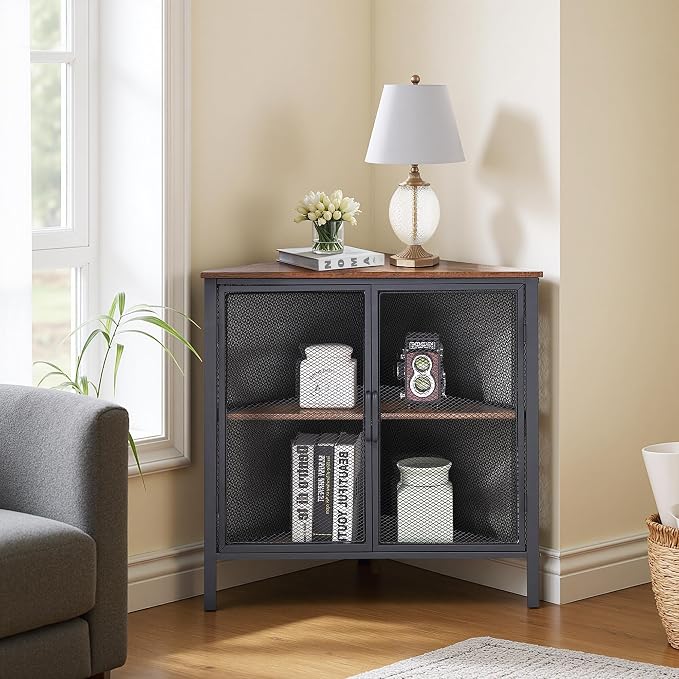 VECELO 3-Tier Corner Table,Cabinet with Mesh Door,Corner Shelf Stand,Metal Frame Storage Shelf Organizer Display Shelves for Bedroom,Wall Corner,Living Room,Kitchen,Bathroom