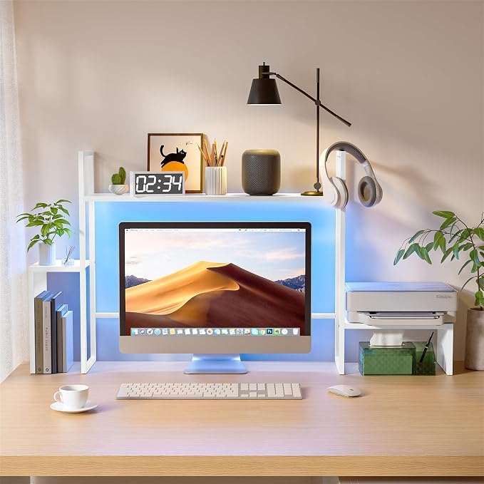 WelFurGeer LED Desk Shelf Organizer with RGB Light Strip, 2-Tier Desktop Shelf for Computer Monitor, Sturdy Metal Frame & Wood Shelves - Desk Hutch Bookshelf for Home Office, Dorm, Gaming (White)