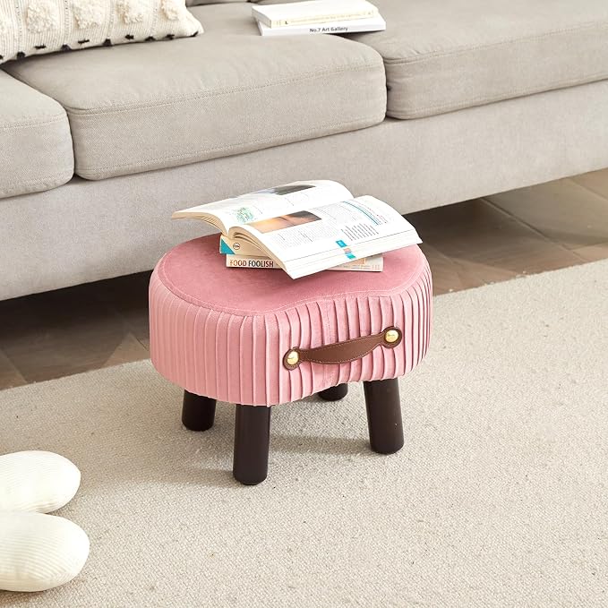 Foot Stools Small, Ottomon with Handle, Velvet Footrest Ottoman | Curved Foot Stool with Padded Seat Wooden Legs, Portable Foot Rest for Living Room, Bedroom, Entryway (Pink)