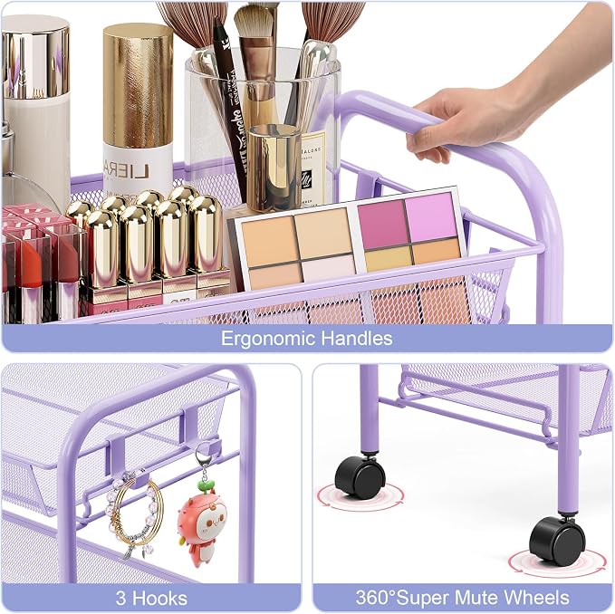 TOOLF 3-Tier Metal Rolling Cart, Mesh Wire Easy Assemble Utility Cart, Storage Trolley on Wheels with 3 Hooks, MetalStorage Shelving Units for Kitchen Bathroom Laundry Room