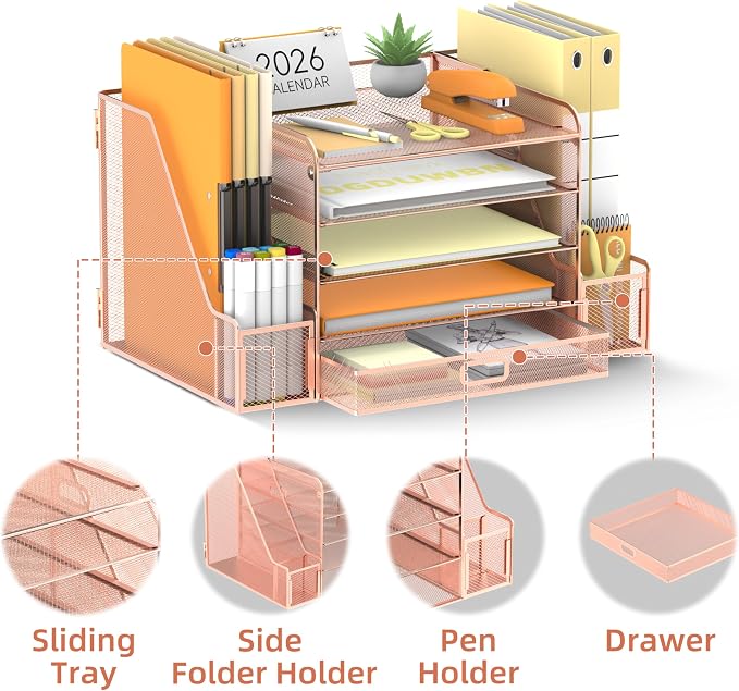 SUPEASY Mesh Desk Organizer with File Holder, 5-Tier Paper Letter Tray Organizer with Magazine Holder, Desktop Organizer and Storage with Drawer for Office Supplies Home or School (Rose Gold)