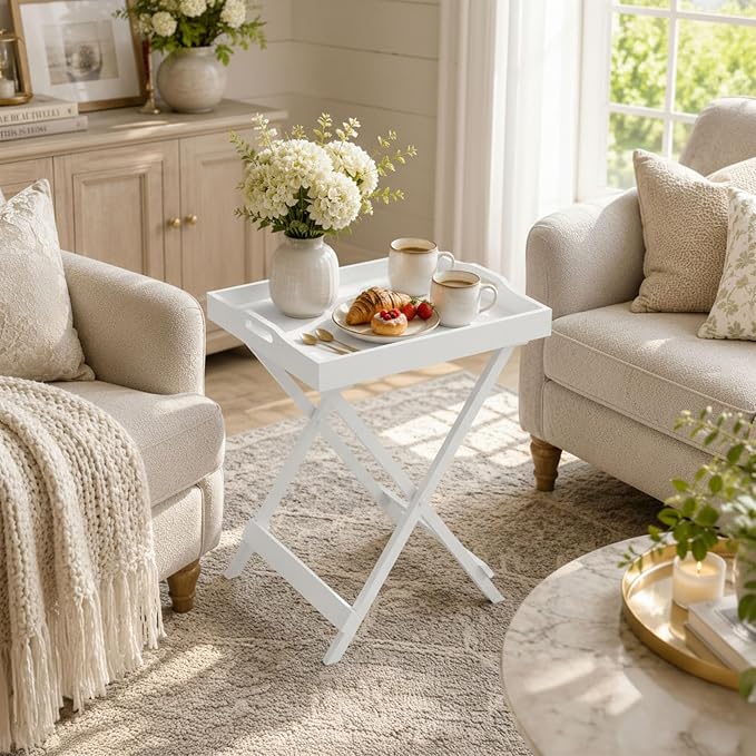 Lavish Home Folding TV Tray Table - Contemporary Side Table with Removable Tray Top for Food Serving, Meals, or Decor in Living Room, Bedroom, or Home Office (White)