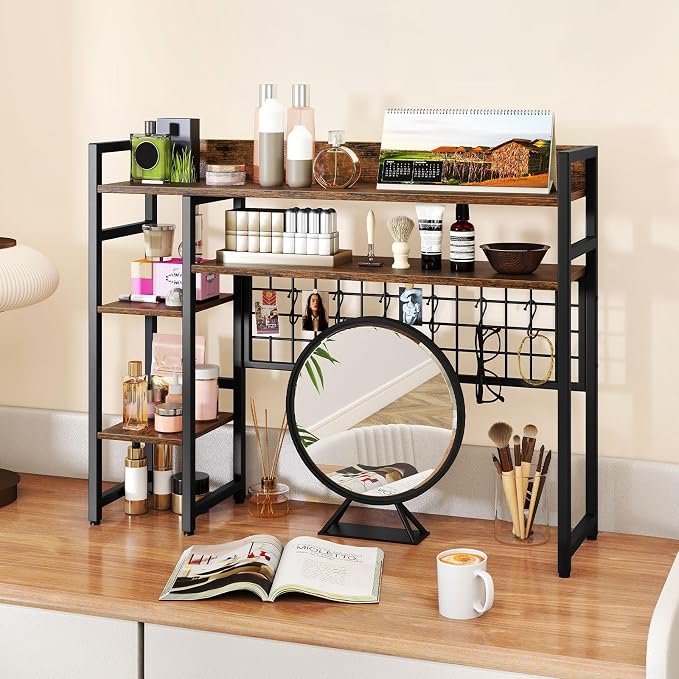Giantex Desktop Bookshelf, 37" Desk Shelf for Up to 32" Computer Monitor, 4 Tier Desktop Display Shelves w/Grid Panel, 6 Movable Hooks, Anti-tip Device, Desk Hutch for Home Office Dorm (Rustic Brown)
