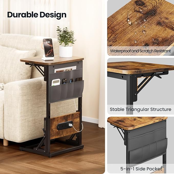 HLDIRECT C Shaped End Table with Charging Station, Couch Side Table with Storage Bag, Foldable TV Tray with 2 USB Ports and Outlets for Living Room, Bedroom, Rustic Brown