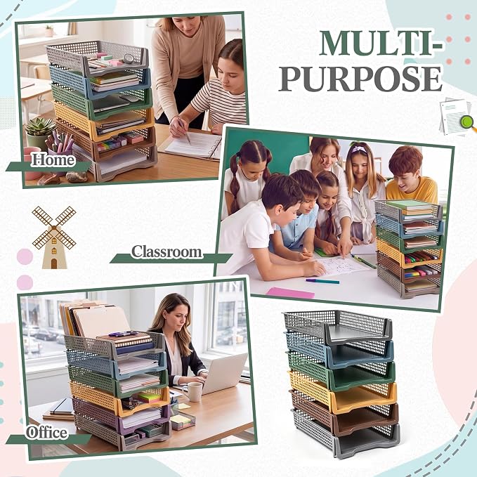 Geetery Set of 12 Plastic Trays for Teachers Turn in Trays Classroom Stackable Paper Tray Plastic Classroom Teachers Desk Letter Organizer Storage Baskets for Office, Desk, Home (Cottage Color)