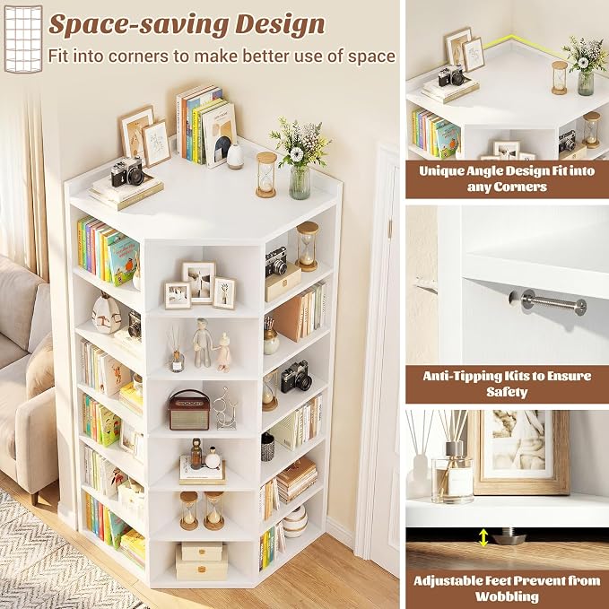 Aheaplus 7-Tier Wooden Corner Cube Bookshelf, Corner Storage Cabinet with 18 Cubes, Corner Cube Organizer Display Shelf with Top Table, Modern L Shaped Cubby Bookcase for Home Office, White