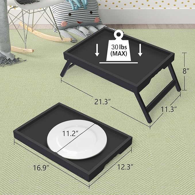 Artmeer Bed Tray Table with Folding Legs,Bamboo Breakfast in Bed for TV Table, Laptop Computer Tray,Eating,Snack Tray(Black) Large Size