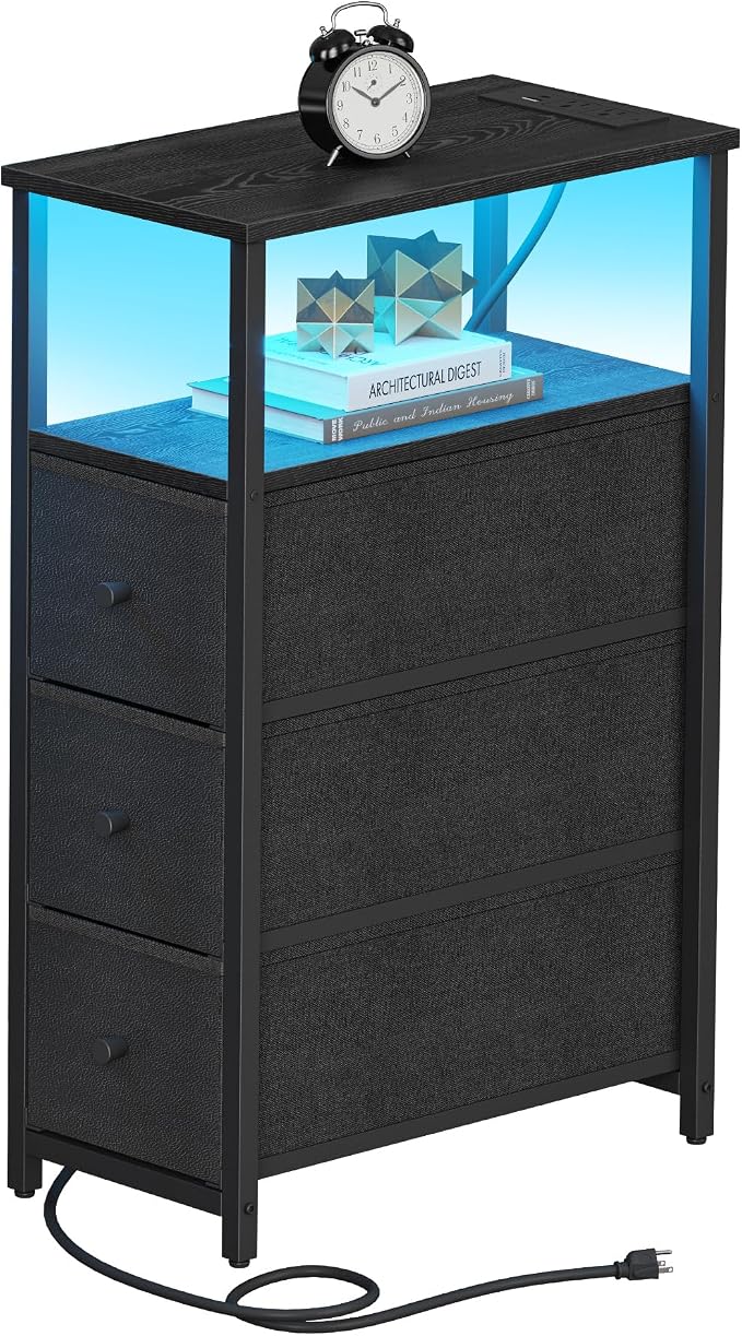 TUTOTAK Narrow LED Night Stand with Charging Station, Slim End Table with Plugins, Tall Side Table with 3 Fabric Drawer, Small Bedside Table with Storage, for Living Room, Black TB01BK086L