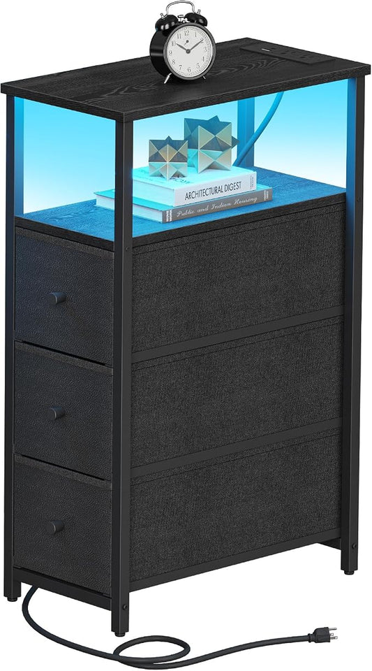 TUTOTAK Narrow LED Night Stand with Charging Station, Slim End Table with Plugins, Tall Side Table with 3 Fabric Drawer, Small Bedside Table with Storage, for Living Room, Black TB01BK086L
