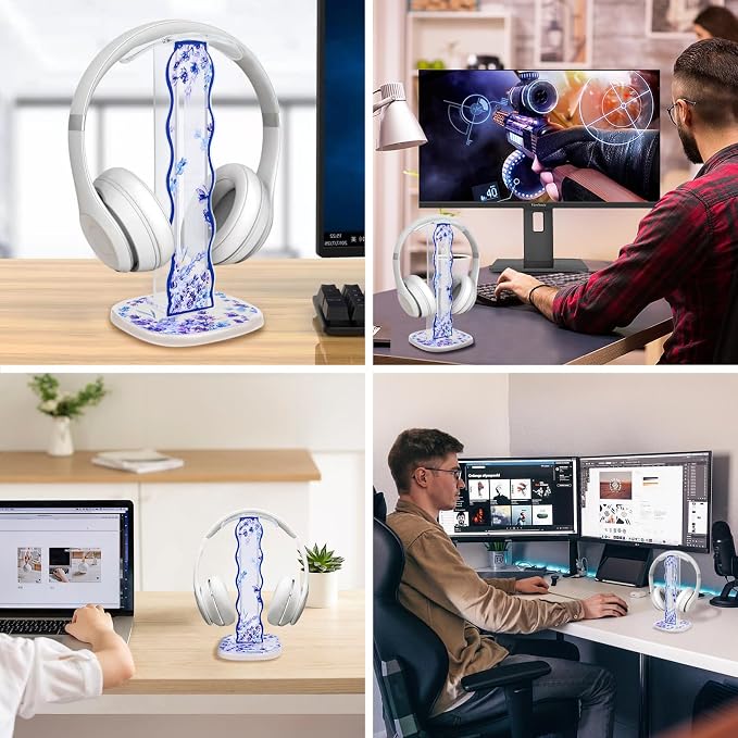 CamyCosy Headphone Stand Gaming Headset Holder for Desk,Unique Purple Lavender Flowers Pattern Clear Cellphone Stand Earphone Stand Desk Accessories for All Headphones Size