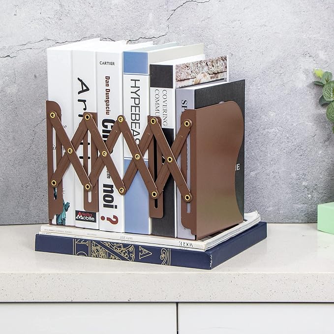 Aobopar Book Ends, Bookends for Shelves, Book Organizer for Desk, Metal Bookends for Heavy Books, Book Holders for Shelves, Suitable for Office, Home and School Use (Brown)