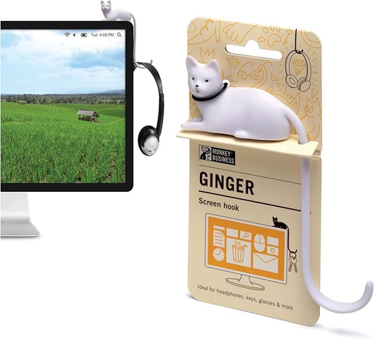 Monkey Business Ginger The Cat Tail Hook for Computer Screen, Tight Spaces, Hang Keys, Accessories in Easy Reach (White)