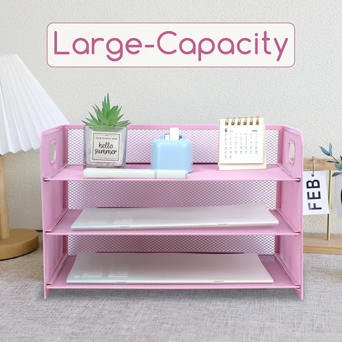 3 Tier Lettrer Tray Organizer with Handle, Metal Mesh Desk File Organizer with Sliding Trays, Paper Sorter Desk for Home Office School, Pink