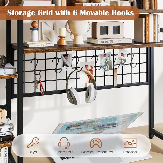 Giantex Desktop Bookshelf, 37" Desk Shelf for Up to 32" Computer Monitor, 4 Tier Desktop Display Shelves w/Grid Panel, 6 Movable Hooks, Anti-tip Device, Desk Hutch for Home Office Dorm (Rustic Brown)