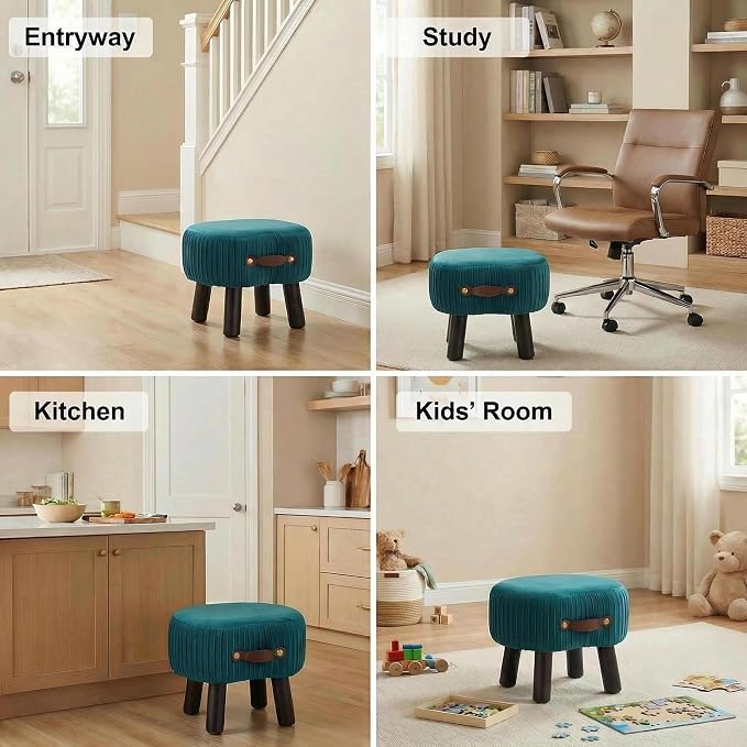 Foot Stools Small, Ottomon with Handle, Velvet Footrest Ottoman | Curved Foot Stool with Padded Seat Wooden Legs, Portable Foot Rest for Living Room, Bedroom, Entryway, (Peacock Blue)