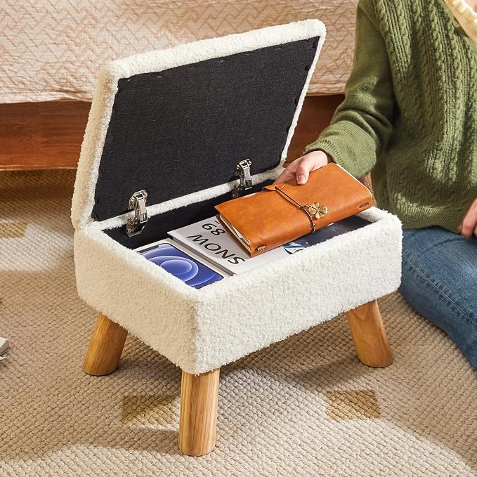 YMYNY Storage Ottoman, Small Foot Stool Ottoman with Storage, White HBD042W | Teddy Velvet, Sturdy Wood Legs, For Living Room Bedroom Couch Entryway