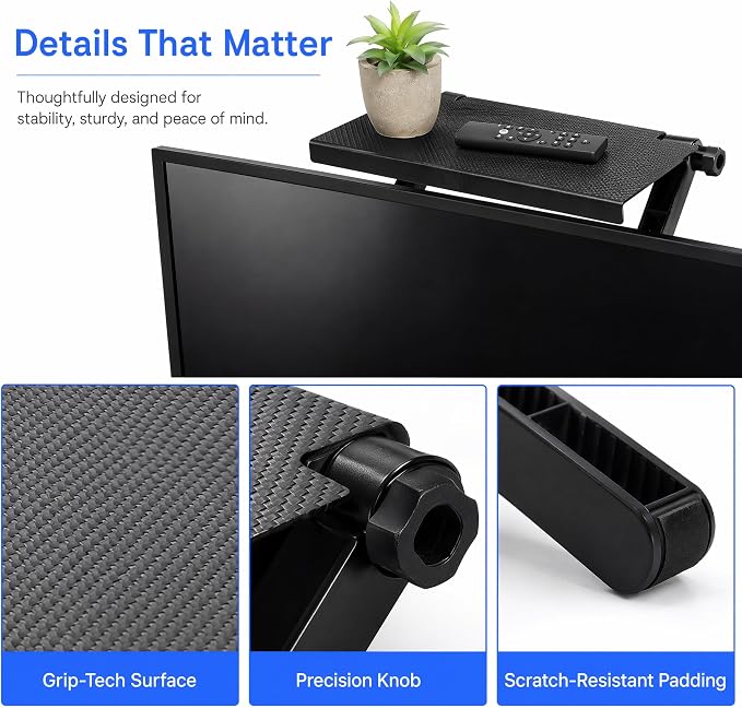 13 Inch Adjustable Screen Top Shelf Organizer for TV Computer Monitor Flat Screen, Large TV Mount Top Shelf Used To Place Soundbar Cable Box Speakers Apple TV Play-station Camera Frames Remote
