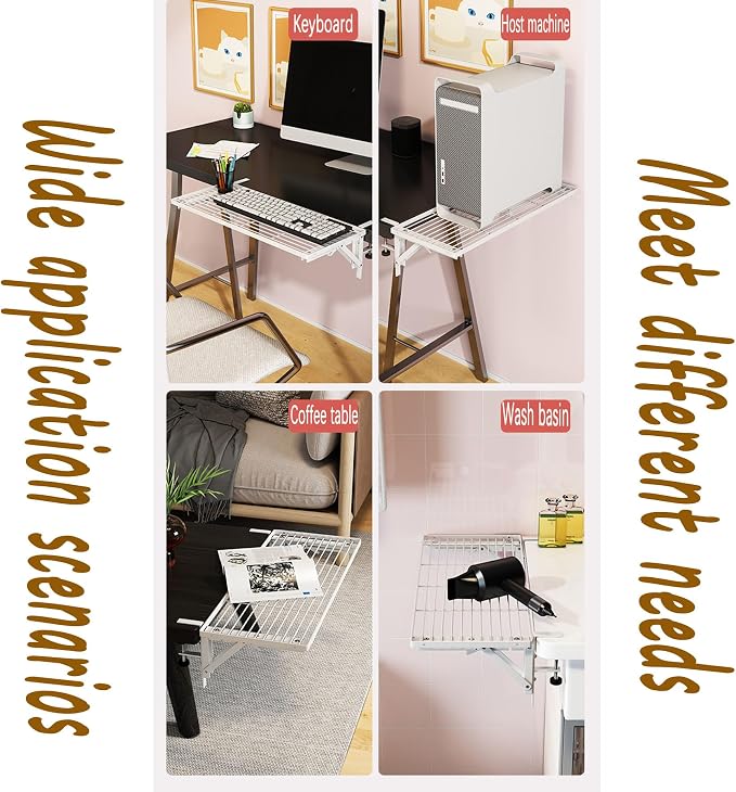 Desk Extender Side Table,Keyboard Tray,Desk Extender,No Drilling Installation，Carbon Steel Baking Paint，Can be Used for Desk Extension，Keyboard Tray Under Desk clamp (Skeletonization), White