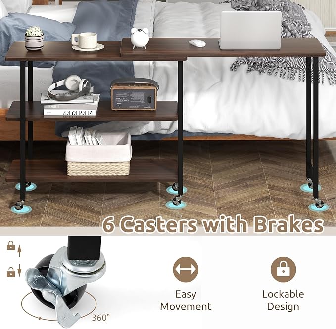 Tangkula 360° Rotating Sofa Side Table, Patented Mobile End Table with 2-Tier Storage Shelves, Swivel Rolling Desk with 6 Lockable Wheels, Metal Frame, Movable Laptop Table Couch Snack Table for Home
