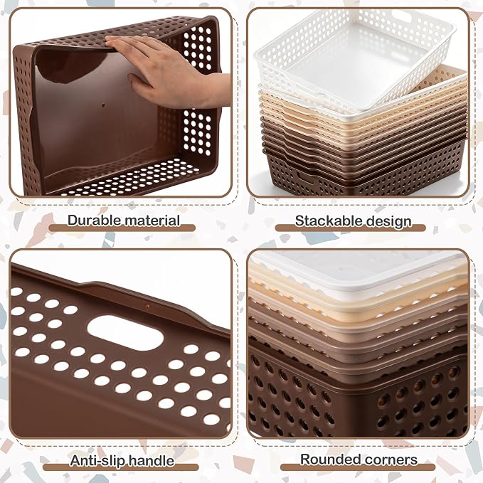 Geetery 12 Pack Classroom Storage Baskets with Handle 14''x10'' Paper Tray Holds A4 Turn in Trays Plastic Paper Baskets Desk Organizer Bin for Classroom, Library, Office, Home (Gradient Brown)
