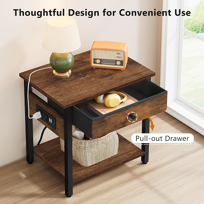Gewudraw Printer Stand with Charging Station, 2-Tier Under Desk Printer Table, Side Table with Storage Shelves for Home Office, Living Room, Bedroom, Bathroom, Brown