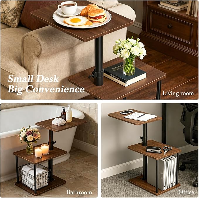 Faesun Swivel Side Table for Couch Arm, Adjustable C End Table for Recliner or Bed, Tv Trays with Storage Shelf for Small Spaces Small Nightstand Table for Living Room, Bedroom，2pc