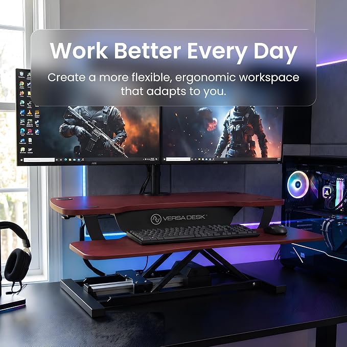 VERSADESK PowerPro 36 Inch Electric Standing Desk Converter – Push-Button Height Adjustable Sit to Stand Desk Riser for Dual Monitors & Laptop – Motorized Desktop Workstation with Wide Keyboard Tray